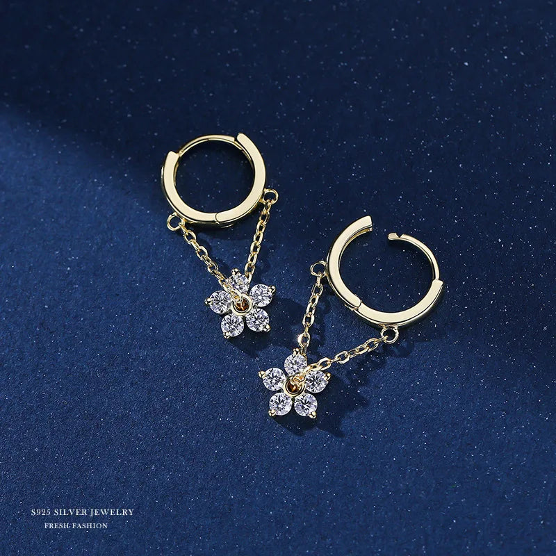 Boucles d'Oreilles Créoles Fleur & Chaîne – Zircon Cubique Or & Argent