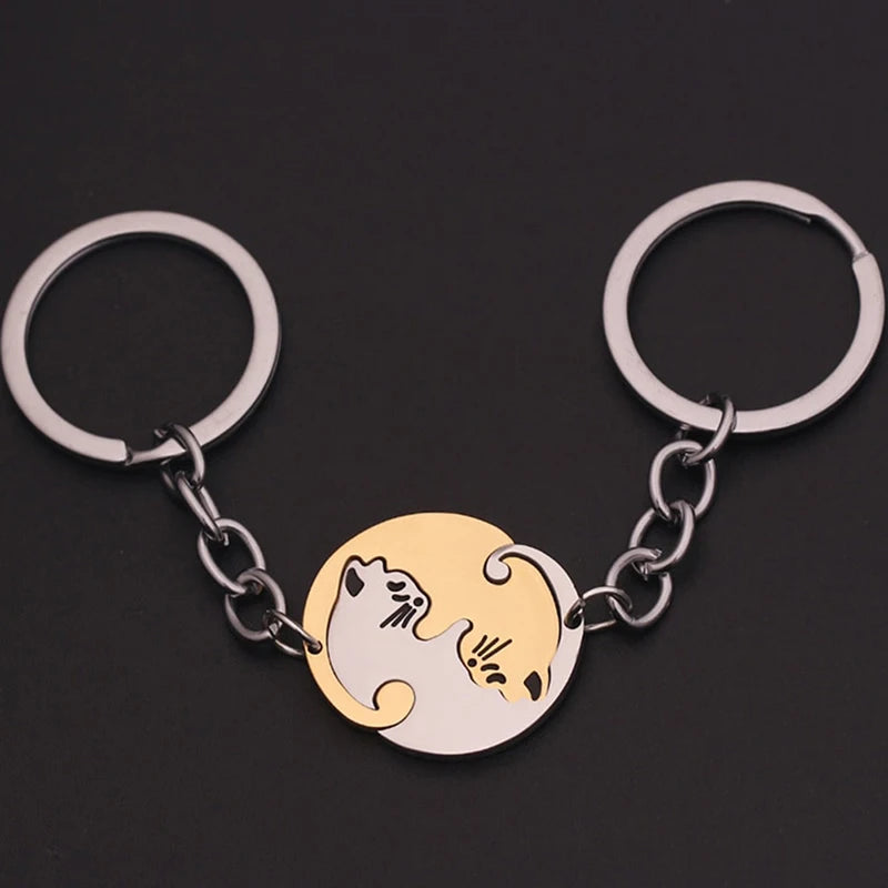 Porte-clés Couple Chats Yin-Yang – Pendentif Cœur Magnétique – Plaisir d'offrir