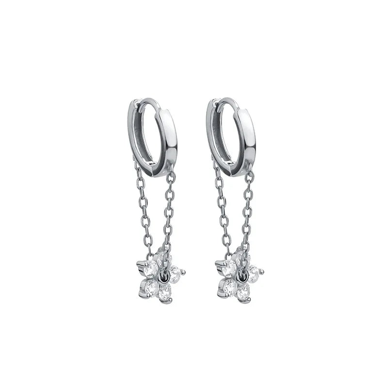 Boucles d'Oreilles Créoles Fleur & Chaîne – Zircon Cubique Or & Argent