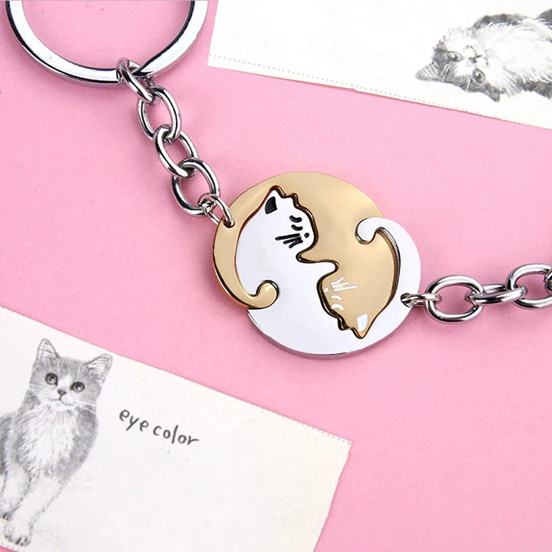 Porte-clés Couple Chats Yin-Yang – Pendentif Cœur Magnétique – Plaisir d'offrir