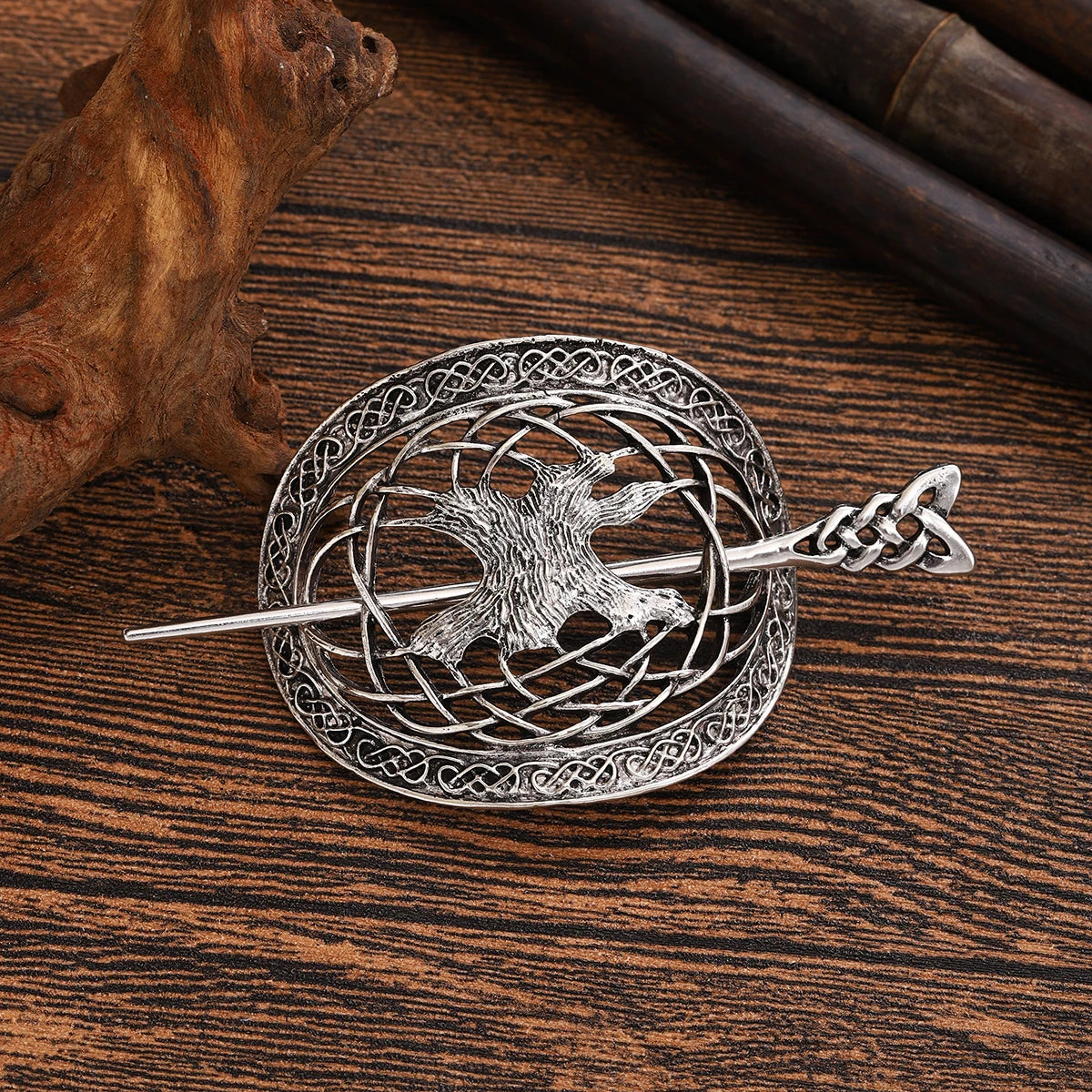 épingle à cheveux corbeau viking en métal argenté vieilli