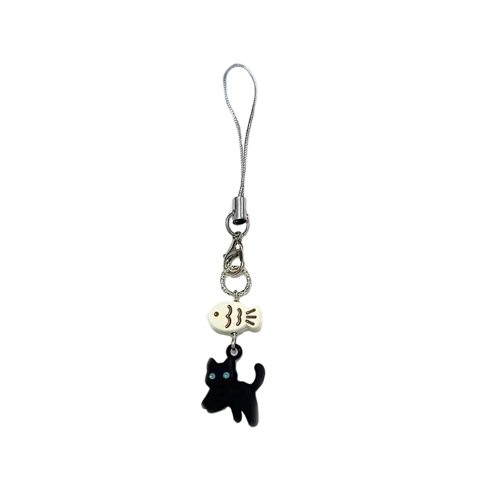 Porte-clés Chat Noir & Poisson – Pendentif Kawaii pour Sac, Téléphone & Écouteurs
