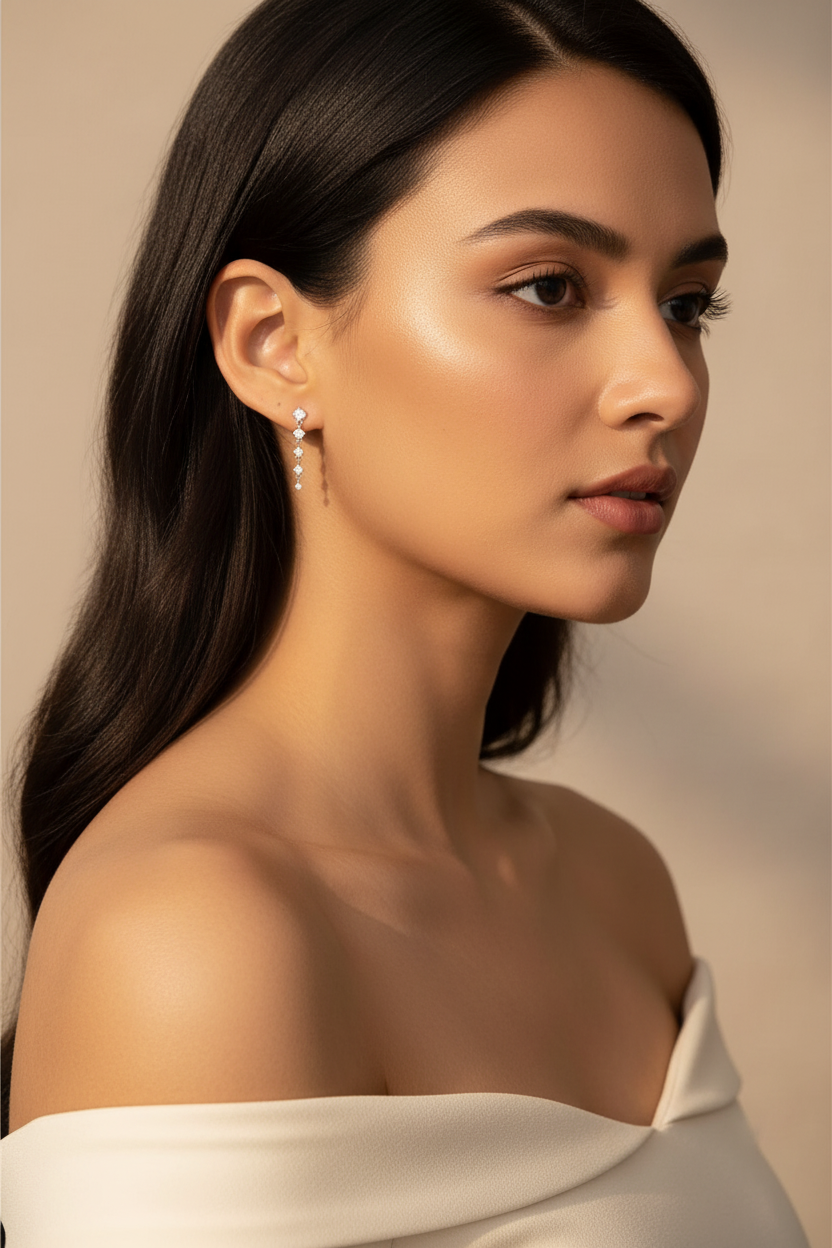 Femme portant boucles d'oreilles pendantes zircon or