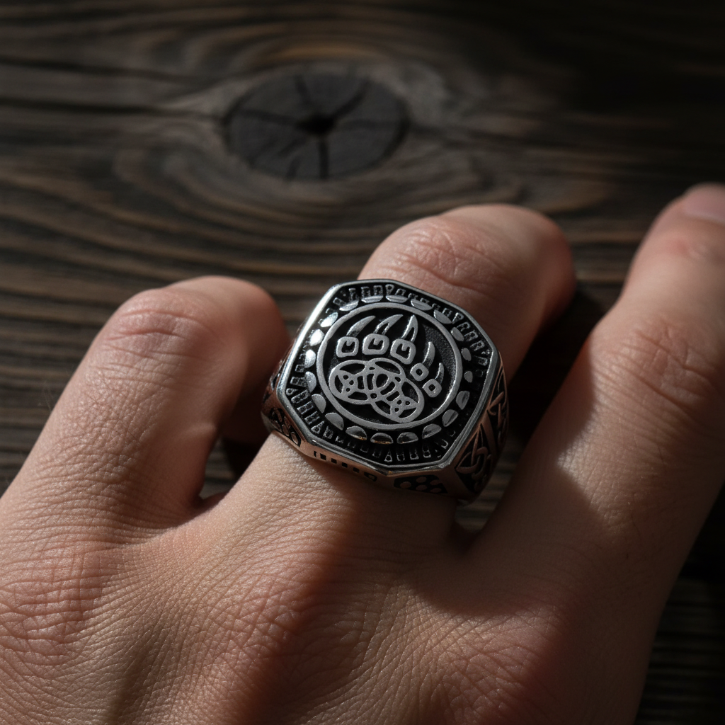 Bague Viking Griffe d'Ours portée sur une main d'homme