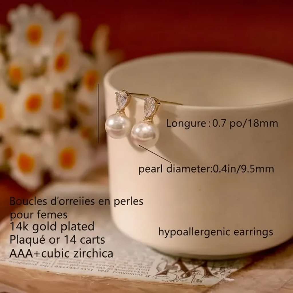 Boucles d'oreilles pendantes perle et zircon - caractéristiques en français