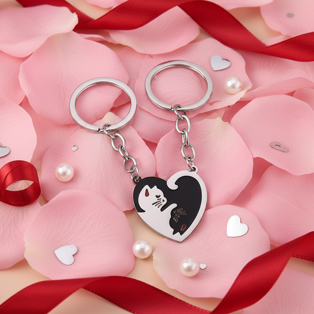 Porte-clés couple chats yin-yang sur fond romantique pétales de roses