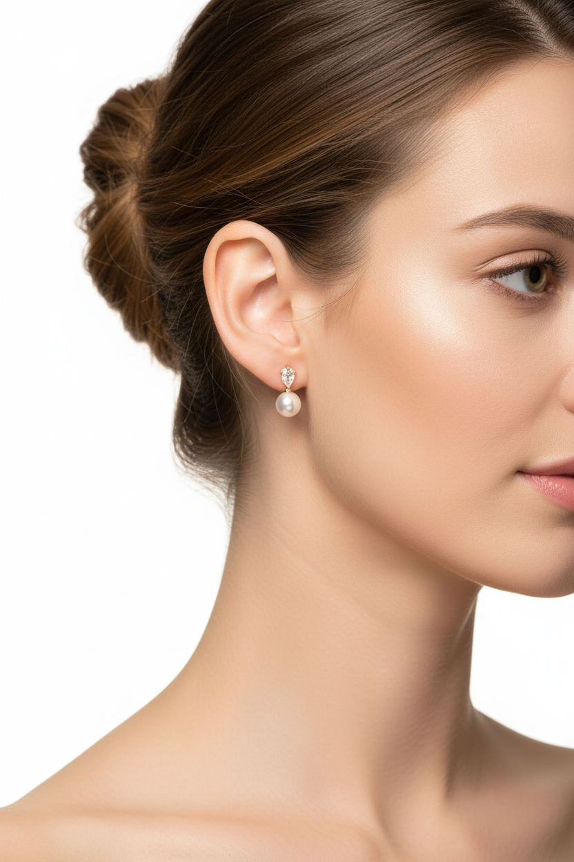 Femme portant des boucles d'oreilles pendantes perle et zircon plaqué or style mariée