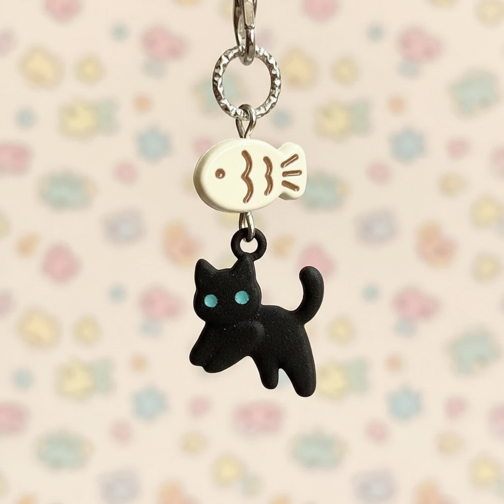 Gros plan porte-clés chat noir et poisson kawaii