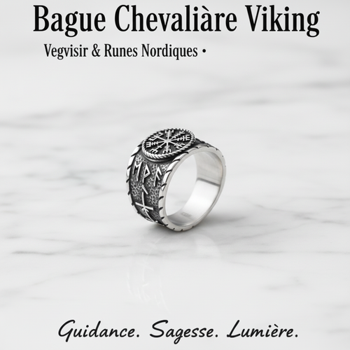 Bague chevalière viking Vegvisir runes nordiques fond clair