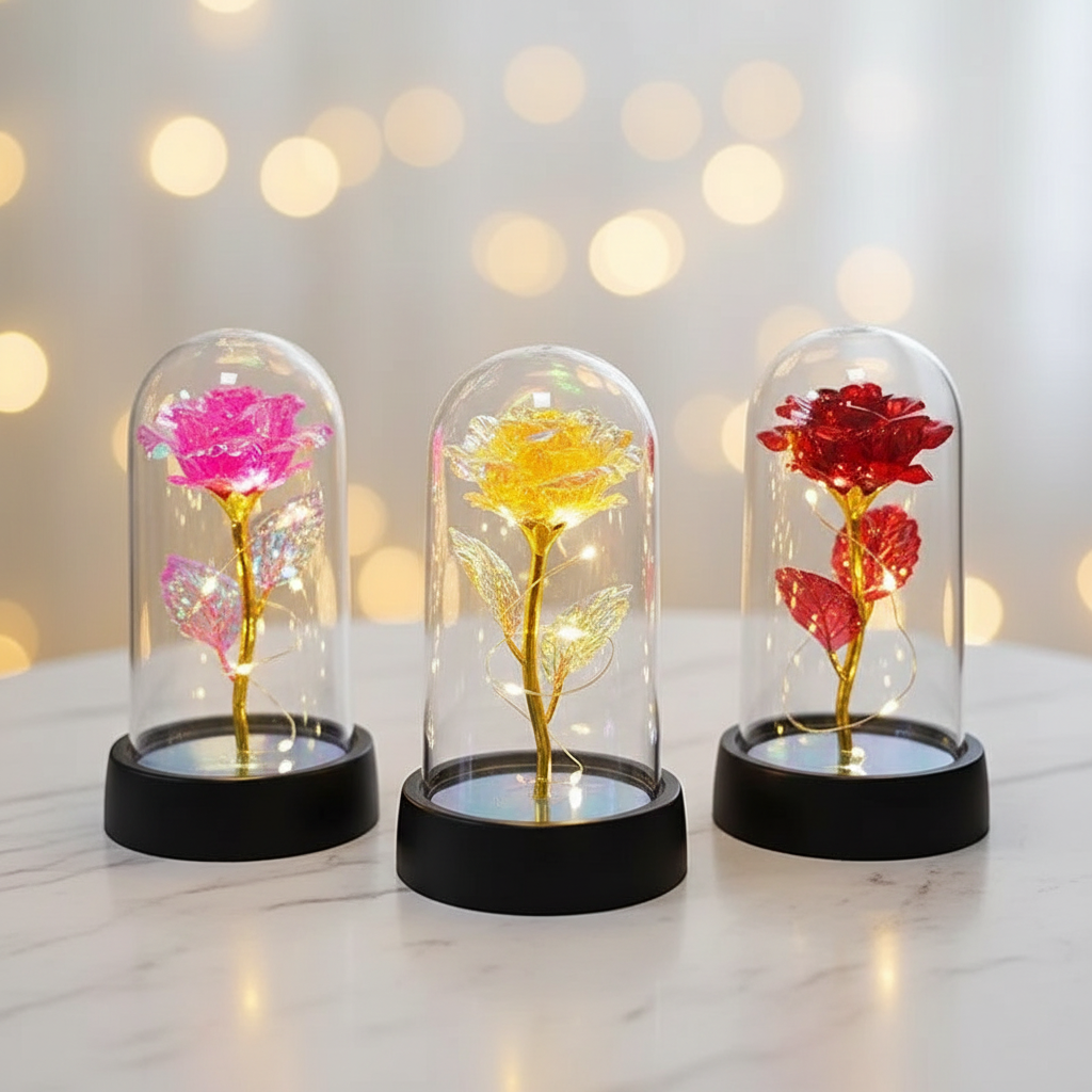 Trois roses galaxy rose or et rouge sous cloches en verre avec LED sur marbre blanc