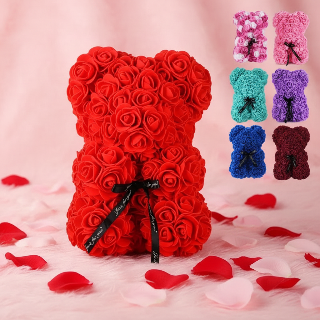 Ours en roses rouges avec ruban Just for you et tous les coloris disponibles