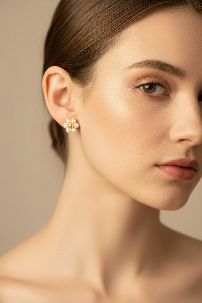 Femme portant des boucles d'oreilles clous fleur marguerite et perle plaqué or