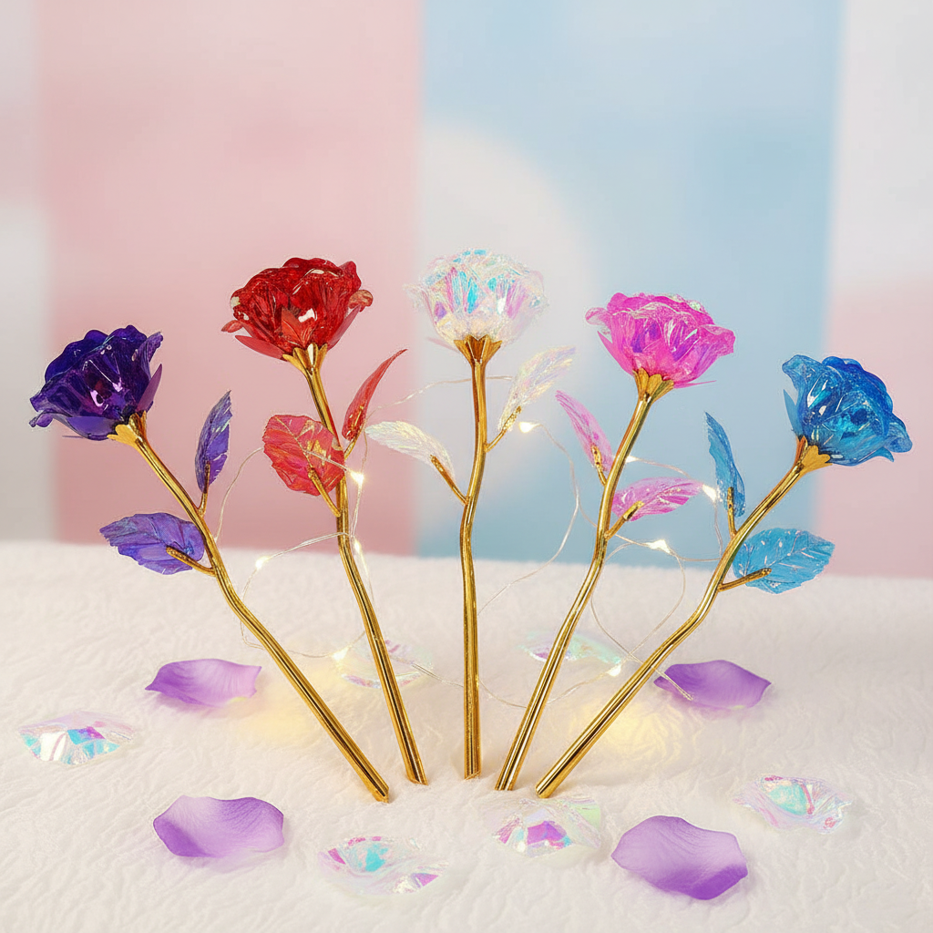 5 roses holographiques galaxy toutes couleurs sur fond romantique