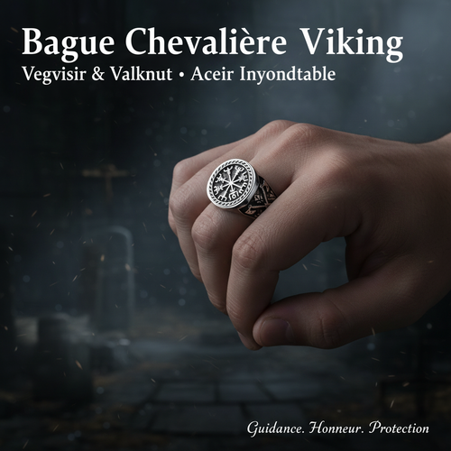 Bague chevalière viking Vegvisir argent portée sur doigt