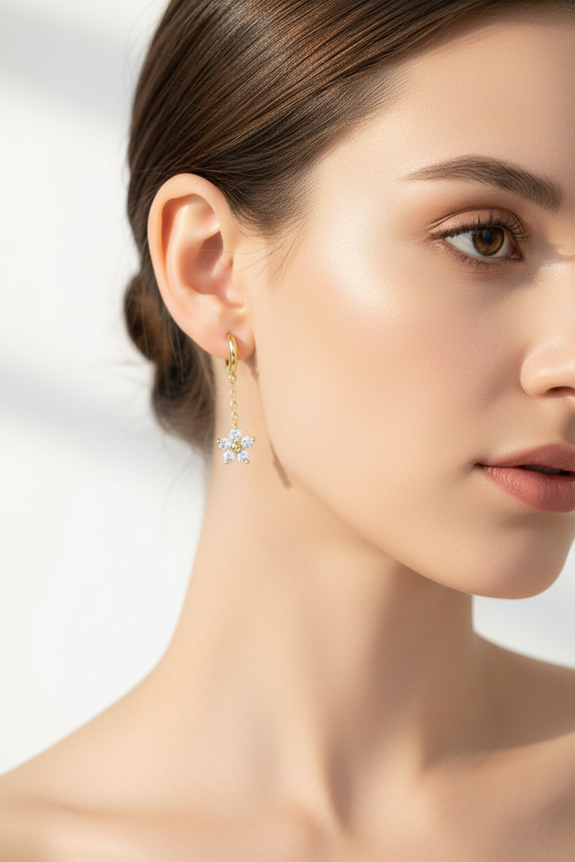 Femme portant des boucles d'oreilles créoles fleur zircon or et argent