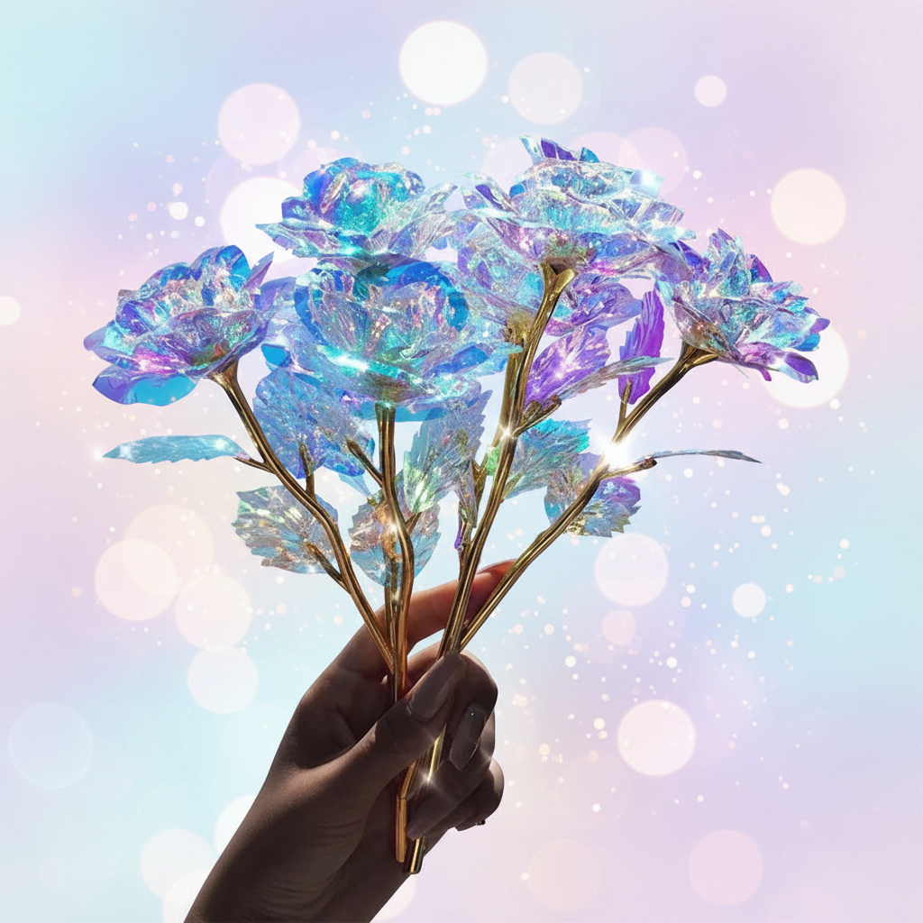 Bouquet de roses holographiques galaxy tenu en main fond magique