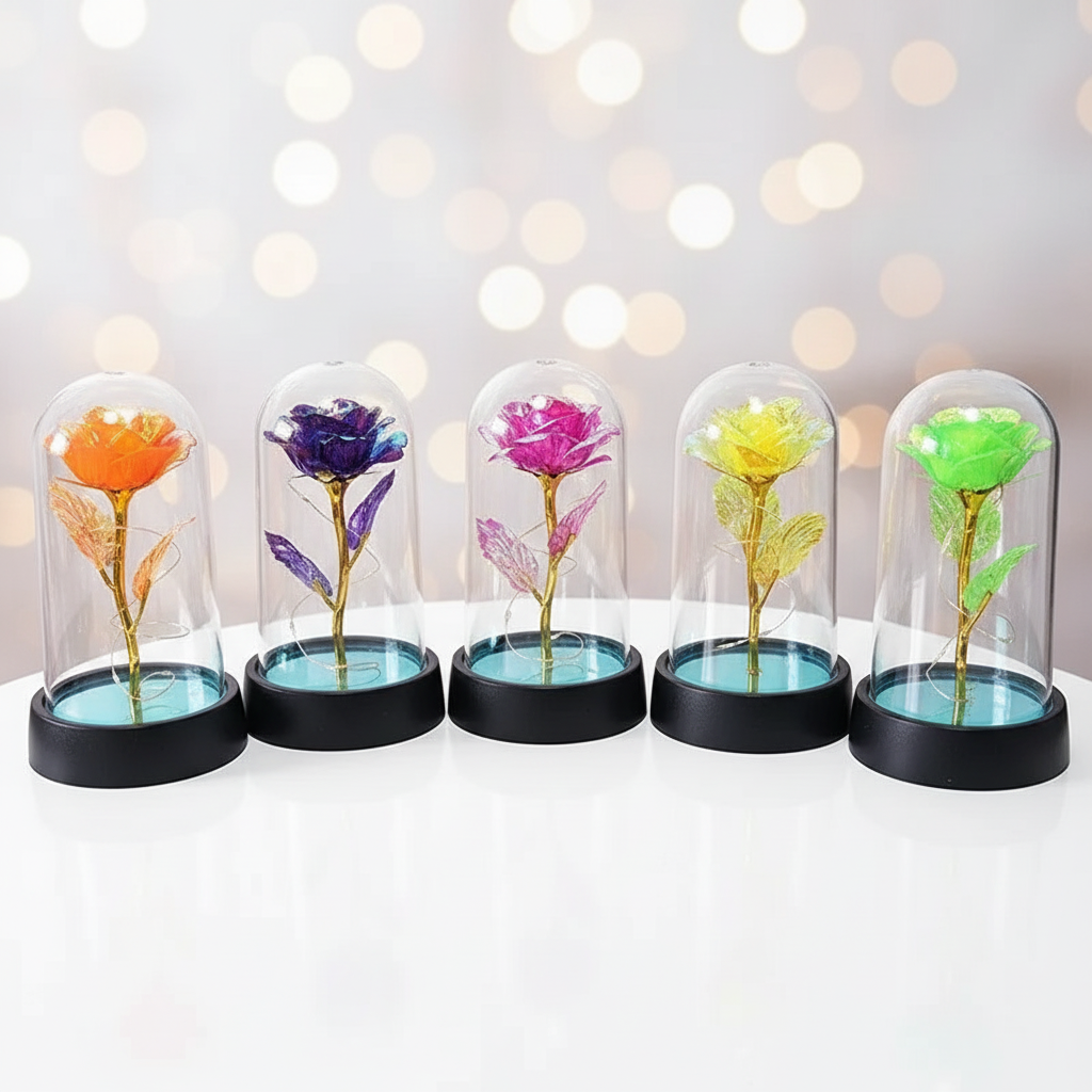 Roses éternelles sous cloches en verre avec LED sur fond blanc